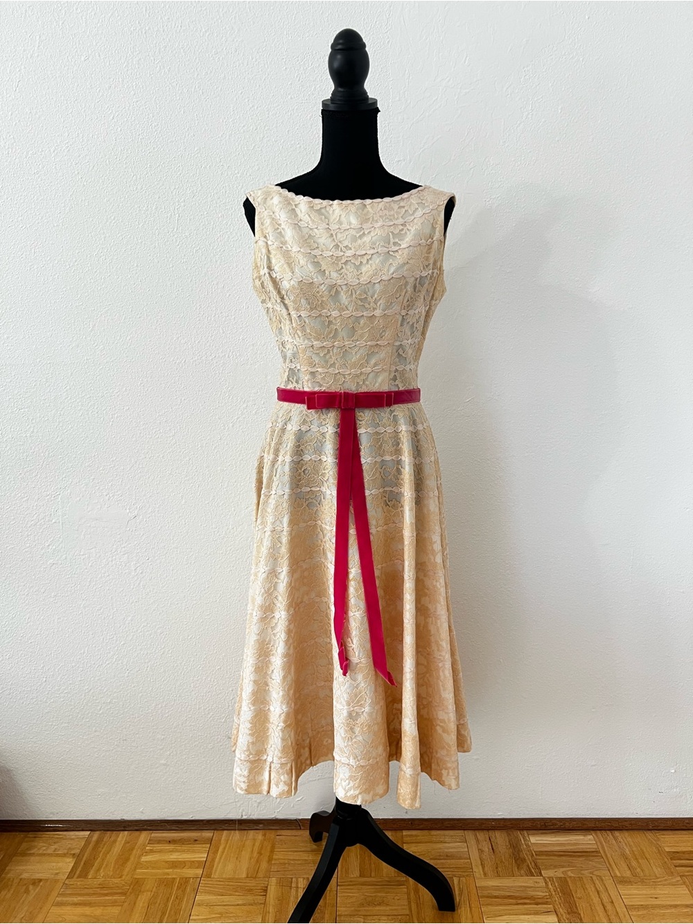 Vintage 50s Formal Dress Fit Flare Lace Pink Velvet Bow Belt Coquette Lace Retro